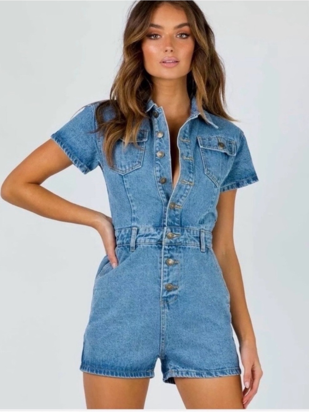 Lioness Blue Denim Button Front Romper Size S